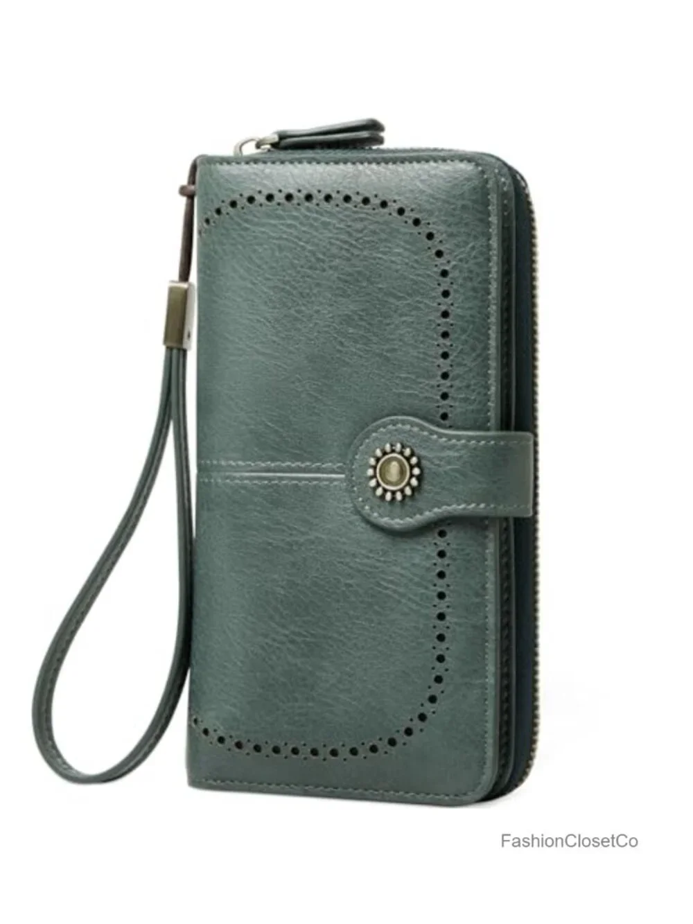 RFID Blocking Vegan Leather Large Capacity Wristlet Wallet with Detachable Strap